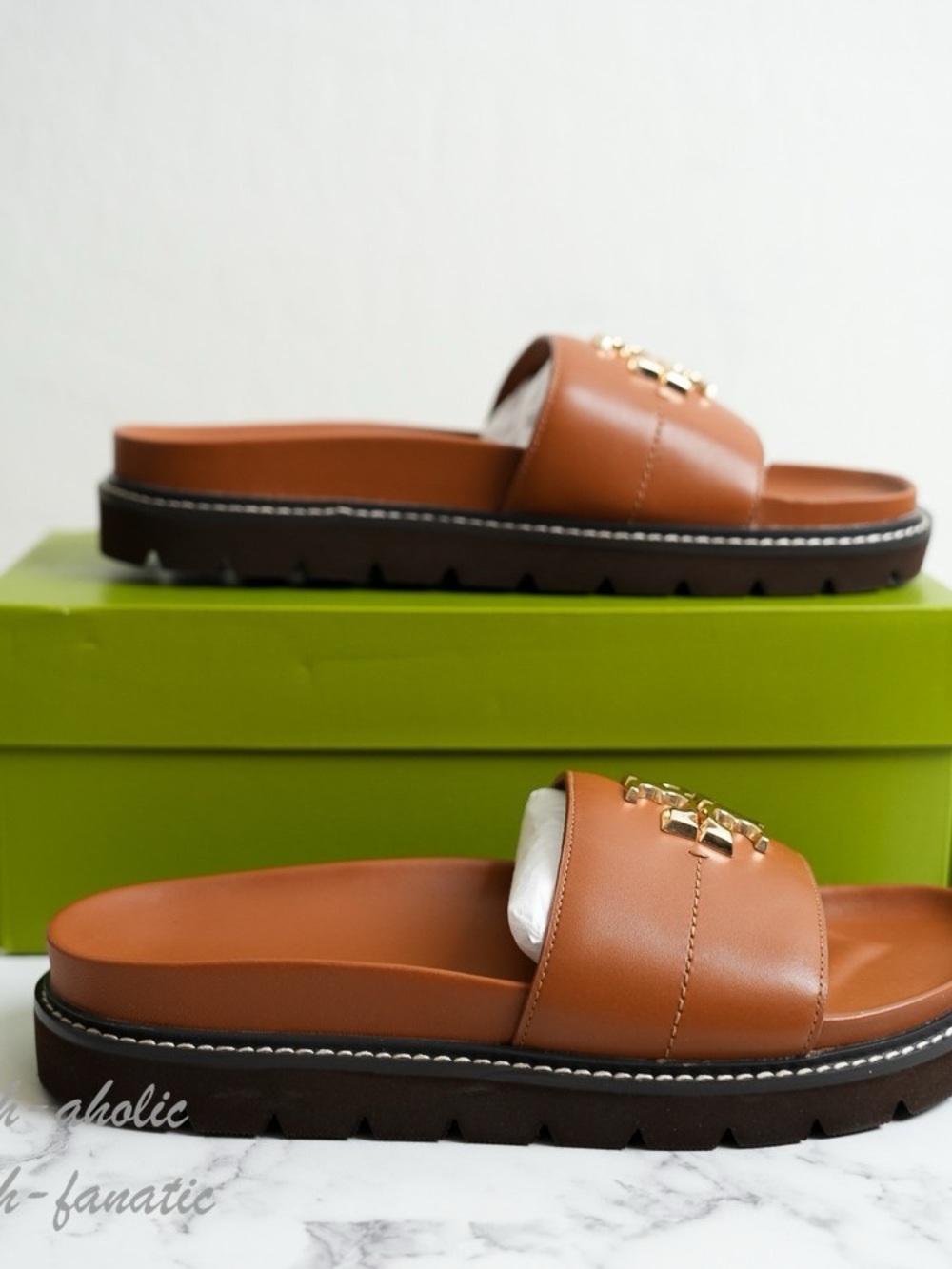 Tory Burch Tan Leather Slide Sandals with Gold Logo - Picture 2 of 3